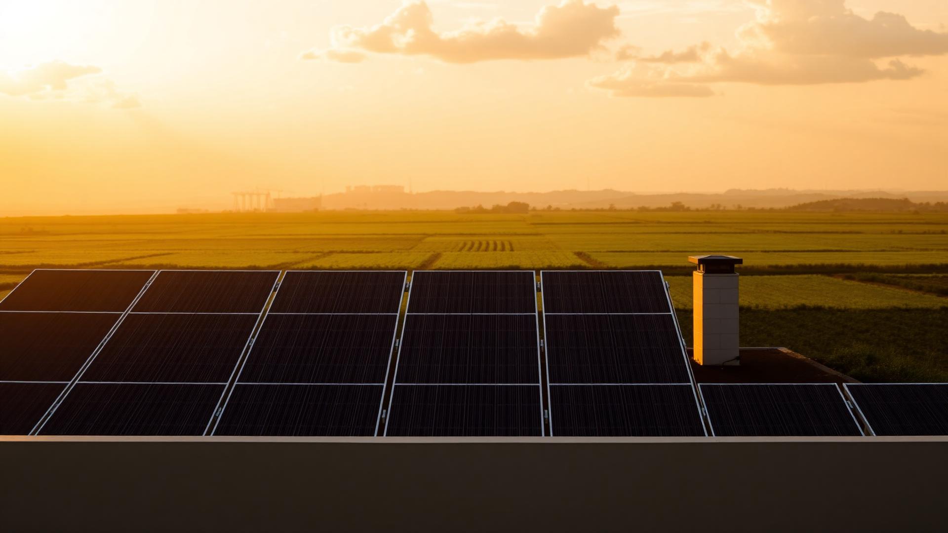 Painéis solares em telhado residencial ao pôr do sol